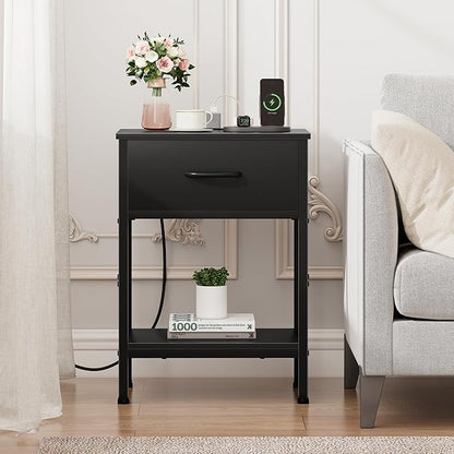 Vagusicc Black Nightstand with Charging Station, End Table with Fabric Drawer, Small Side Table with 2-Tier Storage Shelves, 25.4" Tall Bedside Table, Black Night Stand for Bedroom, Living Room, Dorm