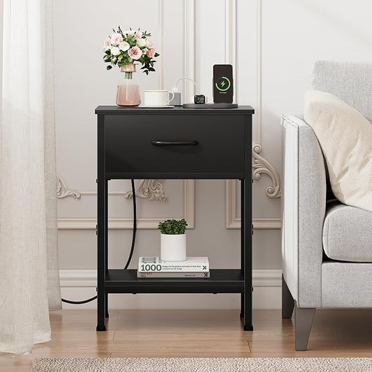 Vagusicc Black Nightstand with Charging Station, End Table with Fabric Drawer, Small Side Table with 2-Tier Storage Shelves, 25.4" Tall Bedside Table, Black Night Stand for Bedroom, Living Room, Dorm