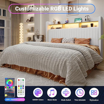 Allewie King Size Lift Up Hydraulic Storage Bed Frame, 2-Tier Shelf Headboard with LED Lights and Charging Station, USB and Type C Ports, Wingback Velvet Headboard, No Box Spring Needed, White