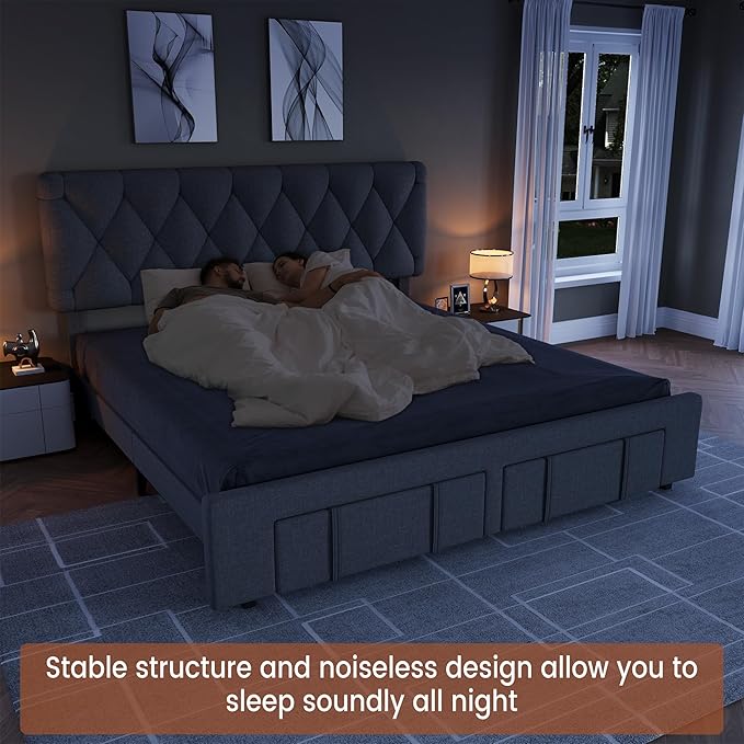 GarveeHome Queen Size Bed Frame, Upholstered Platform Bed Frame with Storage Drawers, Mattress Foundation with Solid Wooden Slats Support, No Box Spring Needed, Grey