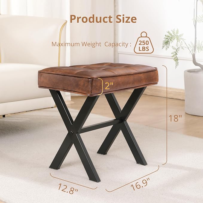 LUE BONA Vanity Stool, Square Faux Leather Makeup Stool with Metal X Legs, Small Ottoman Stool Chair for Vanity, Modern Padded Vanity Seat Foot Rest Stool for Makeup Room, Living Room, Reddish Brown