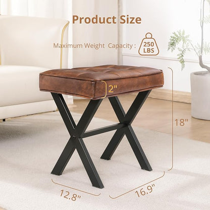 LUE BONA Vanity Stool, Square Faux Leather Makeup Stool with Metal X Legs, Small Ottoman Stool Chair for Vanity, Modern Padded Vanity Seat Foot Rest Stool for Makeup Room, Living Room, Reddish Brown