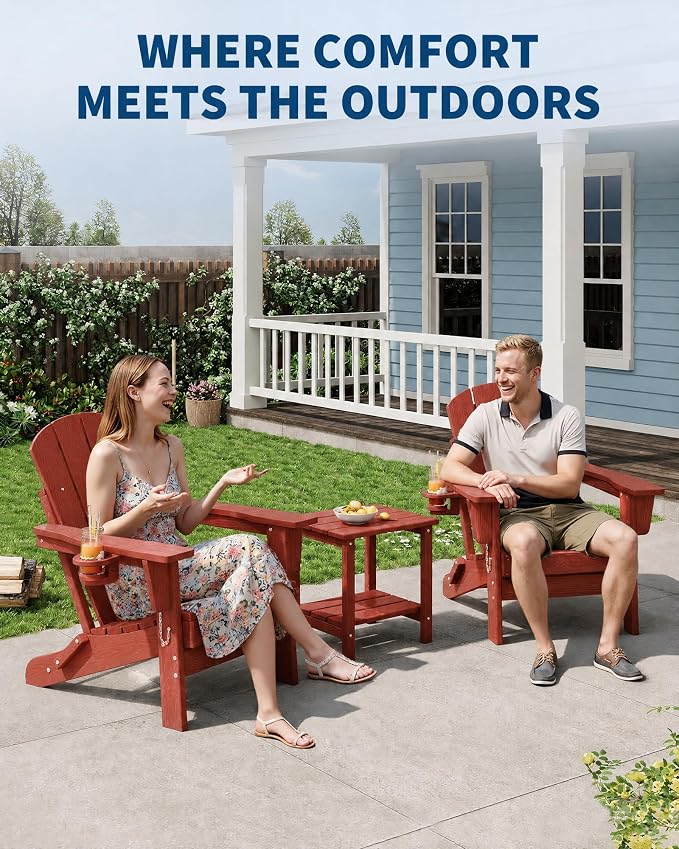 Garvee Folding Adirondack Chair Set of 2 with Side Table, HDPE Outdoor Patio Chair with Cup Holder, All Weather Resistent Wooden Textured for patios, Decks, Gardens, fire Pit, Red