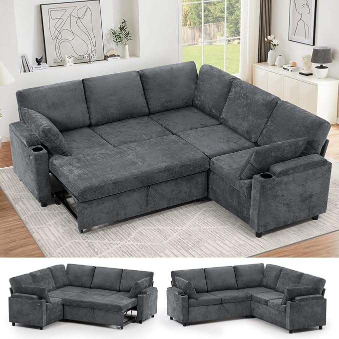 85" Chenille Sectional Sofa w/Pull Out Bed & Storage Space, Grey | Upholstery L Shaped Couch w/Cup Holders, Modern Corner Sofa w/USB Charging Port & Throw Pillow for Living Room