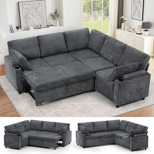 85" Chenille Sectional Sofa w/Pull Out Bed & Storage Space, Grey | Upholstery L Shaped Couch w/Cup Holders, Modern Corner Sofa w/USB Charging Port & Throw Pillow for Living Room