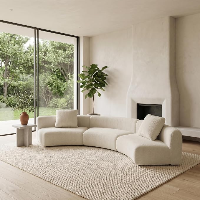Acanva Formia Boucle Curved Sectional Sofa, 3 Armless Chairs, White | Modular Couch, Modern Minimalist, Wood Frame, For Living Room, Apartment, Home Office