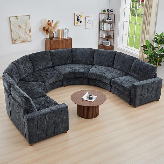 ORRD Oversized Curved Sectional Sofa, Convertible U Shaped Couch with Deep Seat, Boucle Modular Sectional Sofa with Pillows, Chenille Comfy 6 Seat Couch for Living Room, Black Blue