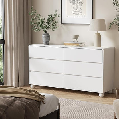 Furniway 3 Piece Bedroom Set, 6 Drawer Dresser and 2 Drawer Nightstand Set of 2 with Round Legs, Modern Wood Chest of Drawers Storage Cabinet for Bedroom, White
