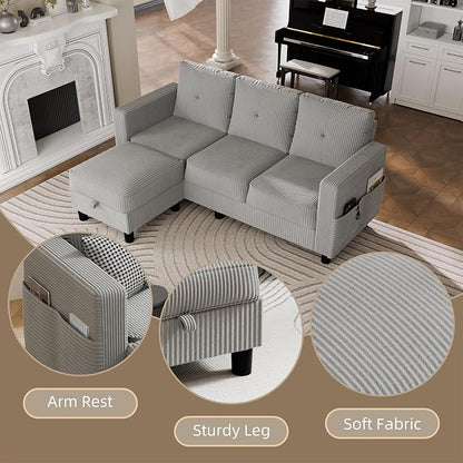 Convertible Sectional Sofa with Storage Ottoman, 77” L-Shaped 3-Seat Couch with Skin-Friendly Corduroy Fabric, Reversible Small Sectional for Small Space, Apartment, Living Room and Office (Grey)