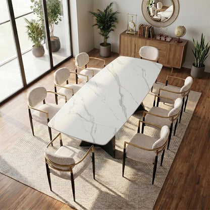 Honyee Extendable Dining Table with Leaf, 65 to 95 Inch Rectangular Sintered Stone, Modern Large Dining Room Table Seats 6 8 10 12, Metal Base, Marble Look for Family Gatherings