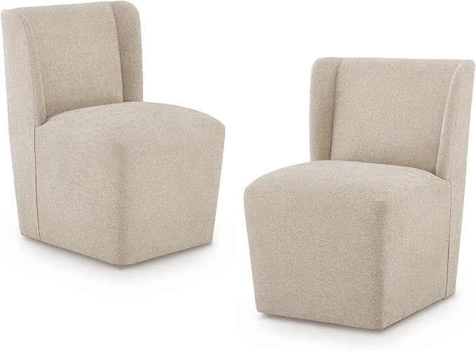 KISLOT Upholstered Dining Chairs Set of 2 with Casters, Wingback Modern Side Armless Deskchair with Rollers for Diningroom Bedroom Livingroom Reading Room, Sand Fabric