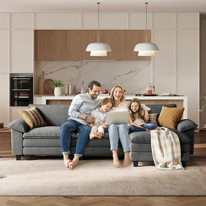 LINSY HOME 123'' Modular Sectional Sofa 3 Seat Couch Corduroy Cloud Couch with Deep Seat, Modern L-Shaped Cloud Couch with 1 Movable Ottoman for Living Room, Office, Bedroom, Grey