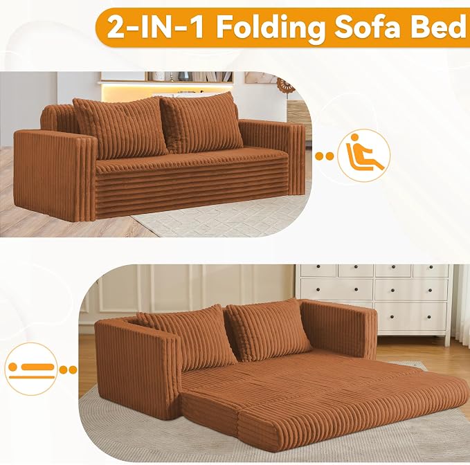 HABUTWAY 68" Loveseat Boneless Couch, 4-in-1 Convertible Sofa Bed, Plush Fur Folding Futon Sofa Bed Couches with 2 Pillows for Living Room, High-Density Foam Support, No Assembly Required, Orange