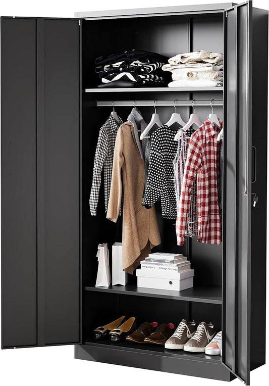 BYNSOE Metal Armoire Wardrobe Closet with 2 Doors 72'' Wardrobe Cabinet with Hanging Rail Metal Closet with Adjustable Shelves for Bedroom.Require Assembly (Black)