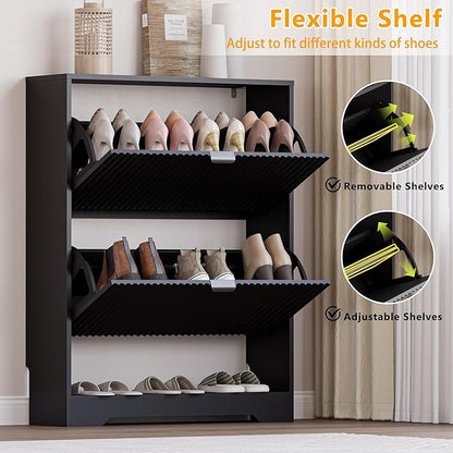 BORNOON Shoe Cabinet with 2 Flip Drawers, Fluted Shoe Storage Cabinet with Adjustable Shelves, Freestanding Rack and Organizer for Entryway, Closet, Hallway