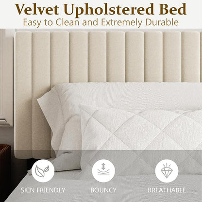 Sismplly Full Size Bed Frame with Velvet Upholstered Headboard, Platform Bed with Strong Wood Slats, Mattress Foundation, Box Spring Optional, Easy Assembly, Beige