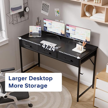 Pamray 47 Inch Small Computer Desk with 3 Drawers for Bedroom Study Writing Home Office Table for Small Spaces Marble