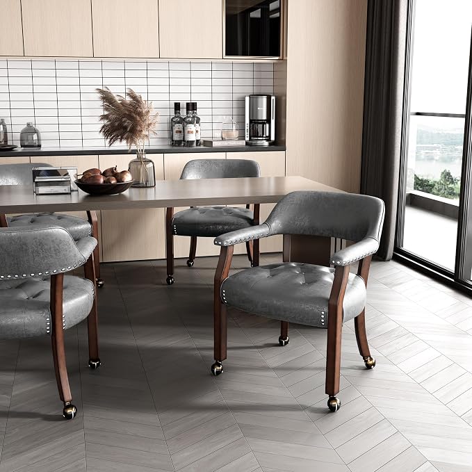 LEEMTORIG Set of 4 Dining Chairs with Casters and Arms, Rolling Dining Chairs with Wheels for Elderly, Ergonomic Wide Seat Wooden Office Chair, 26" Dx25.2 W, Cherry Legs&Dark Grey Fabric SY-1533-GY