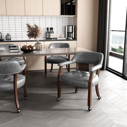 LEEMTORIG Set of 8 Dining Chairs with Casters and Arms, Rolling Dining Chairs with Wheels for Elderly, Ergonomic Wide Seat Wooden Office Chair, 26" Dx25.2 W, Cherry Legs&Dark Grey Fabric SY-1533-GY