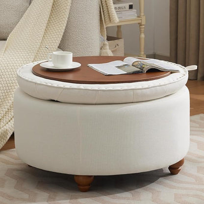 WUTUTUEE 30Inch Round Storage Ottoman with Tray, Modern Tufted Fabric Circle Coffee Table with Storage, Upholstered Ottoman with Removable Top for Living Room, Bedroom, Beige