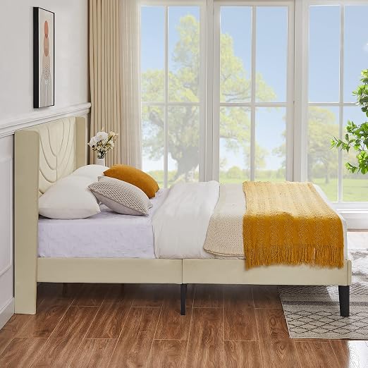VECELO Upholstered Platform Queen Bed Frame with Fabric Headboard,Wooden Slats Support/No Box Spring Needed/Mattress Foundation,Beige