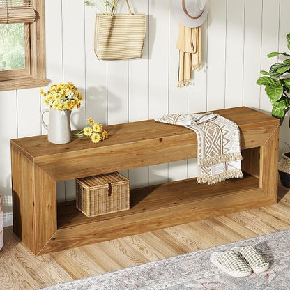 Solid Wood Entryway Bench, 47" Rustic Farmhouse Indoor Bench Seat with Storage Shelf for Entrance, Hallway, End of Bed (Light Brown)