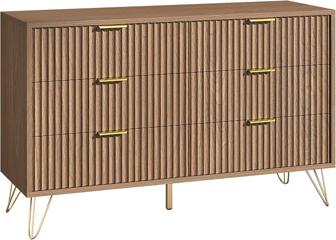 Fluted 6 Drawers Dresser for Bedroom, Wood Dressers with Scratch-Proof Golden Handles, Natural Curved Profile, Modern Double Chest for Living Room, Hallway, Entryway, Natural Oak