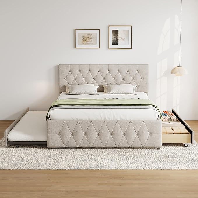 Queen Bed Frame with 2 Wood Storage Drawers & Pull‑Out Trundle Bed,Upholstered Platform Bed Frame Queen Size with Adjustable Headboard,Wooden Slats Support,No Box Spring Needed,Taupe