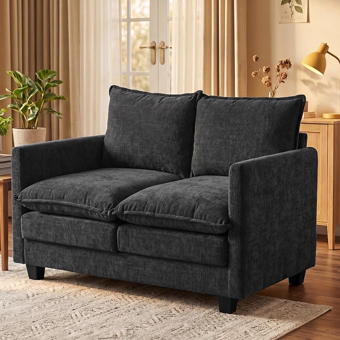 Loveseat Sofa with Cloud 3-Layer Cushion & 27" Deep Seat, Modern Small Couch No Pillows for Small Spaces, Bedroom, Apartment, Office, Living Room, in a Box, 50-Inch Black