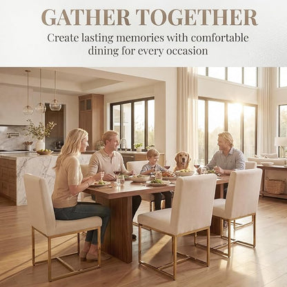 HNY Modern Dining Chairs Set of 4, Upholstered Linen Dining Room Chairs with Ergonomic Back & Polished Gold Metal Frame for Home, Kitchen, Apartment, Cream