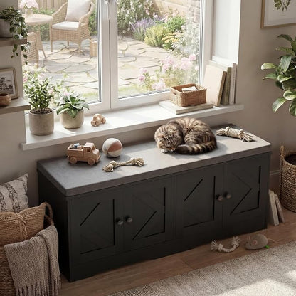 Apicizon Storage Bench with Seat Cushion, 2 Tier Entryway Bench with 4 Barn Doors, Adjustable Shelves, 47.36" Shoe Bench for Entryway Hallway Bedroom Living Room, Black