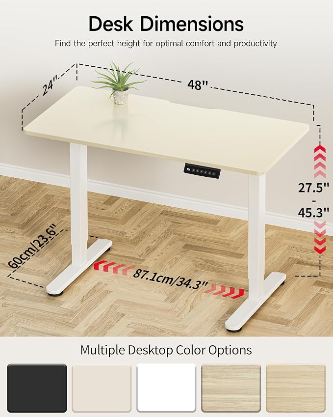Okin Standing Desk Electric Adjustable Computer Whole Piece Stand up Desk Office Gaming Home Office Memory Desks 48x24 inches Cream Brown