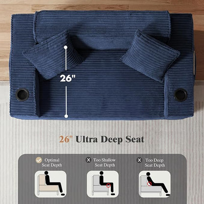 2 Pcs Living Room Cloud Sofa Set, Boneless Sofa Couches with Cup Holder and Side Pocket for Compact Living Rooms, Apartments (Blue, Single Chair + Loveseat)