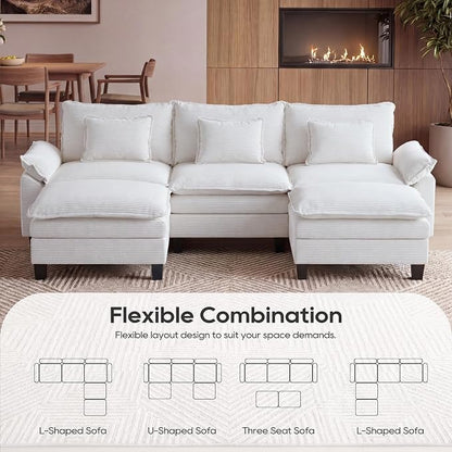 URRED Oversized Modular Sectional Sofa, 122" U Shaped Modern Comfy Cloud Couch with Movable Ottoman & Pillows, Deep Seat Couches for Living Room, Bedroom or Apartment (Corduroy Beige, 122" U Shaped)