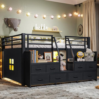 Bellemave Full Low Loft Bed,Metal Kids Loft Bed Frame for Boys Girls,Black | Fabric Drawers,LED Lights,Storage Shelves,Under-bed Space,Space-saving