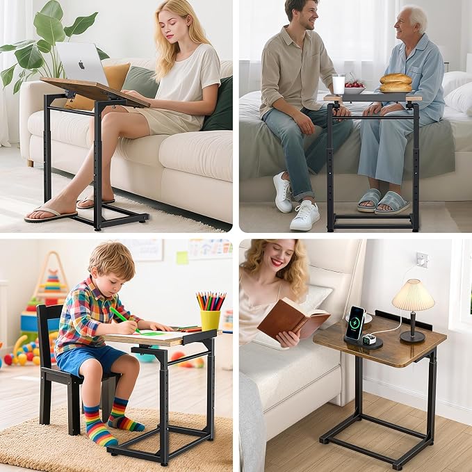 Tv Tray Table Set of 2, 8-Level Adjustable Height Couch Side Table，90° Tilt Angle Adjustments C-Shaped End Table, with Phone & Tablet Slot Sofa Computer Desk for Couch, Sofa, Bed, Chair, Living Room