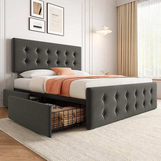 IDEALHOUSE Full Size Bed Frame with 4 Storage Drawers and Headboard, Linen Upholstered Platform Bed Frame with Wooden Slats Support, Button Tufted Design, No Box Spring Needed, Light Grey