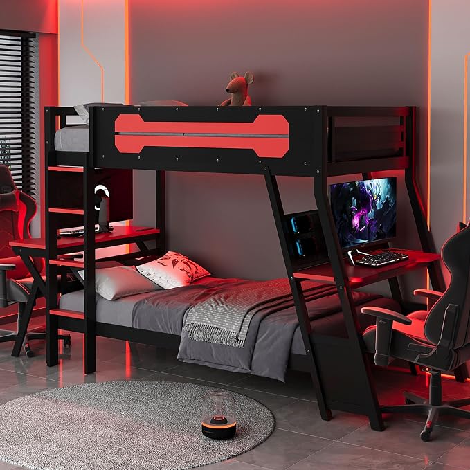 Merax Wooden Twin Over Twin Bunk Bed with 2 Side Desks, USB Desktop Ports and Pegboard Organizer, Gaming Bunk Bed for Gamer, Kids or Teens, No Box Spring Needed, Red
