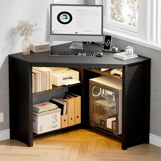 Corner Desk with Charging Station and LED Lights, Black | Triangle gaming computer desk for home office. Features space saving storage shelves, CPU stand, and smart LED light