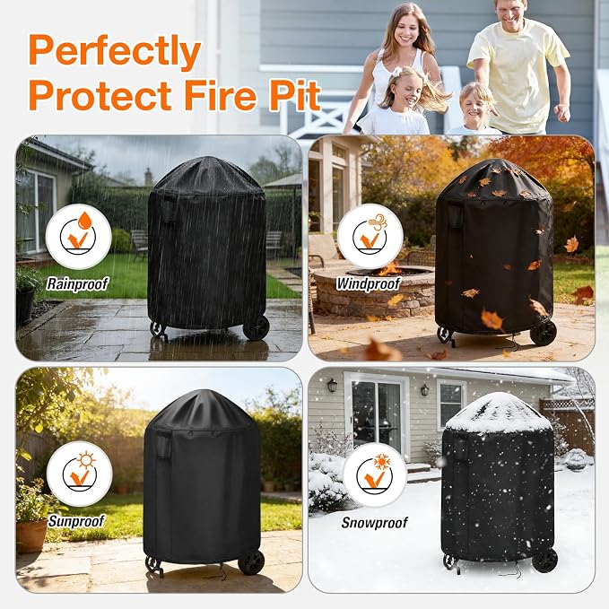 POMER Patio Bonfire Fireplace Cover, Round Fire Pit Cover for 28 Inch Outdoor Fireplace Waterproof Heatwave Fire Bowl Cover - 28" D x 46" H