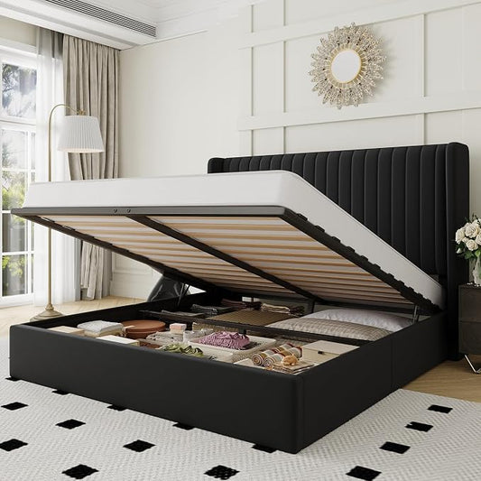 Allewie Full Size Lift Up Storage Bed Frame, Hydraulic Support System, Upholstered Platform Bed Frame, Underneath Storage, Vertical Channel Tufted Headboard with Wingback, No Box Spring Needed, Black