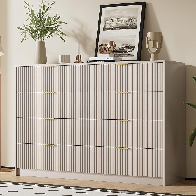 Furniway Beige Dresser for Bedroom, Modern Dresser with 8 Drawers and Smooth Slides, Wide Chest of Drawers with Golden Handles for Bedroom, Closet, 15.7" D x 55" W x 37.4" H