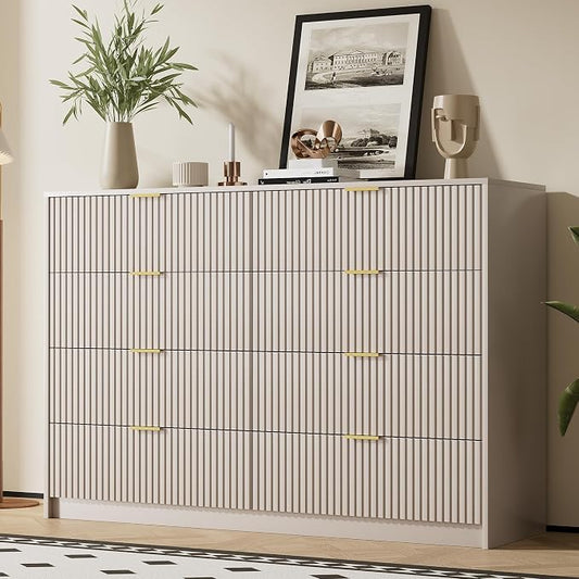 Furniway Beige Dresser for Bedroom, Modern Dresser with 8 Drawers and Smooth Slides, Wide Chest of Drawers with Golden Handles for Bedroom, Closet, 15.7" D x 55" W x 37.4" H