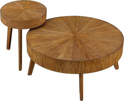 Nesting Round Oak Wood Coffee Table Set of 2 for Living Room - Wooden Circle Coffee Table ＆ End Table Side Tables for Apartment (Espresso,31x31x14 in)