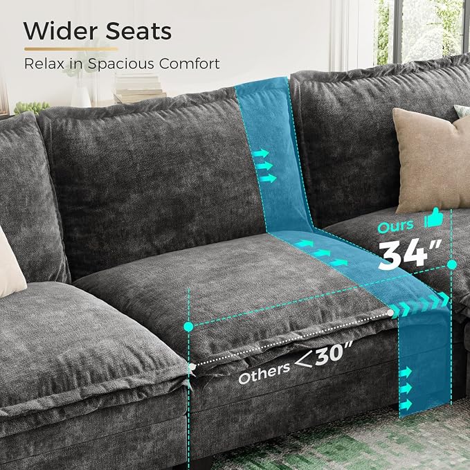 KKL U-Shaped Modular Sectional Sofa, 6 Seater Cloud Couch with Ottoman, Chenille Sectional Couches for Living Room, Apartment, Grey