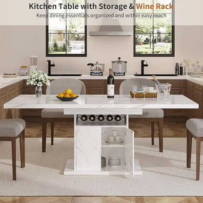 Extendable Dining Room Table for 4-6, 47-63 Inch Faux Marble Extendable Dining Table, Modern Expandable Rectangle Kitchen Dining Table with Storage for Kitchen Living Room