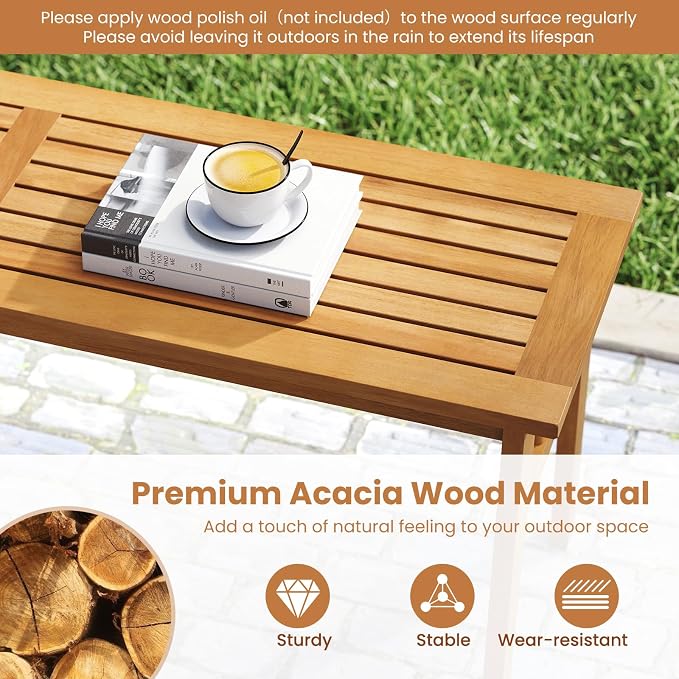 Tangkula 3 Pieces Patio Dining Set, Acacia Wood Space Saving Outdoor Rectangular Picnic Table with 1.97” Umbrella Hole and 2 Benches, for Yard, Garden and Poolside