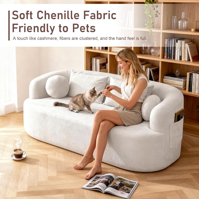 Loveseat Sofa for Small Space, 67.3" Boneless Love Seat Sofa with Side Pocket & 4 Pillows, Foam and Spring Filling, Soft Chenille for Living Room, Apartment, Bedroom, No Assembly