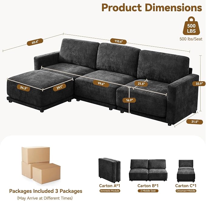 110.6" L Shaped Sectional Sofa, Modular Cloud Deep Seat Couch with Movable Ottoman, Oversized Thicked 4-Seats Sofas for Living Room, Chenille Black