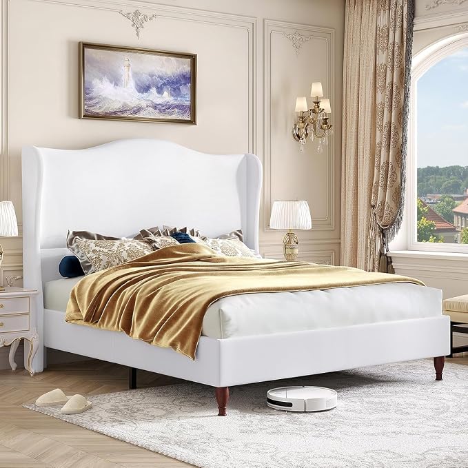 koorlian Queen Size Bed Frame with 51" Tall Headboard, Fully Upholstered Platform Bed Frame with with Soft Fabric, Sleigh Wingback, Solid Wood Retro Legs, Modern Minimalist Style, Easy Assembly, White